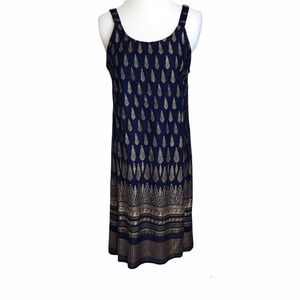 Lapogee Straight Pullover Dress Size M Shoulder Strap Lined‎ Blue Gold Rayon